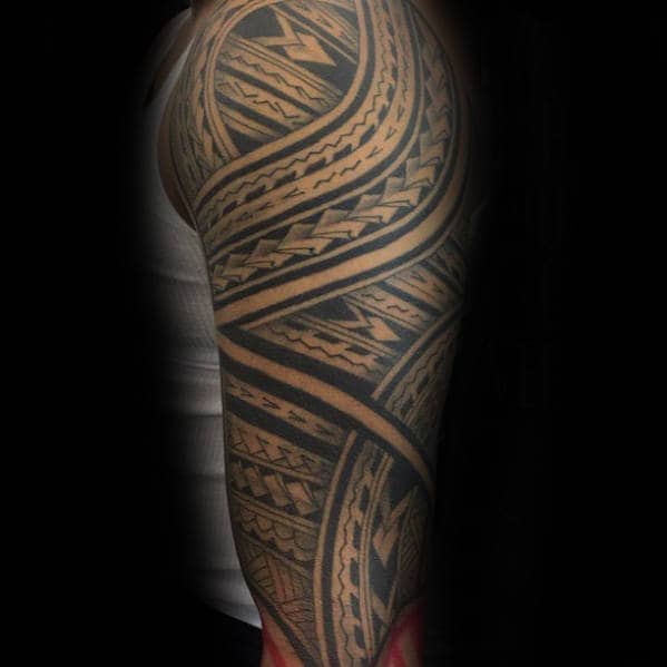 Black Ink Polynesian Tribal Arm Half Sleeve Tattoos For Men