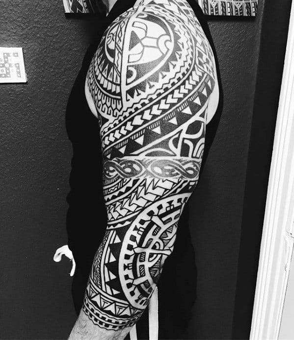Black Ink Polynesian Tribal Male Half Sleeve Tattoos
