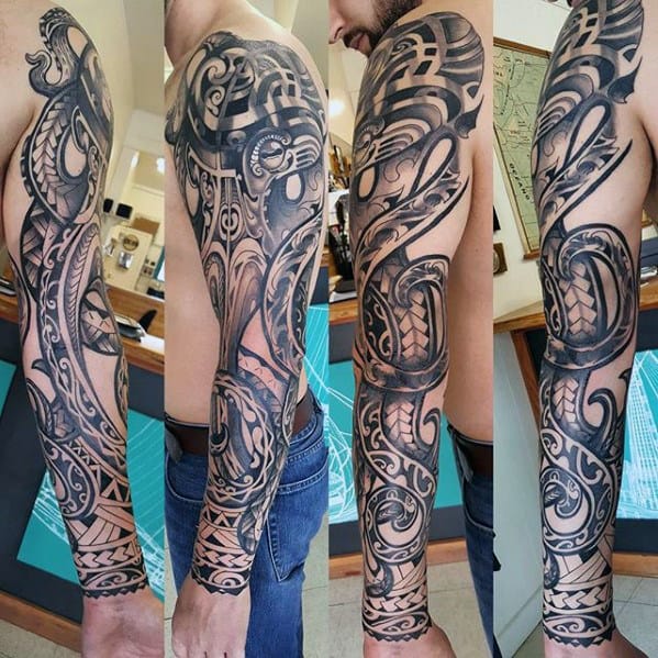 Black Ink Polynesian Tribal Octopus Sleeve Tattoos For Men