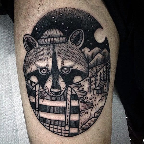 Black Ink Raccoon Burglar Thigh Tattoo Designs For Men