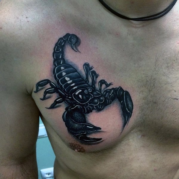 Black Ink Realistic 3d Scorpio Male Chest Tattoo Ideas