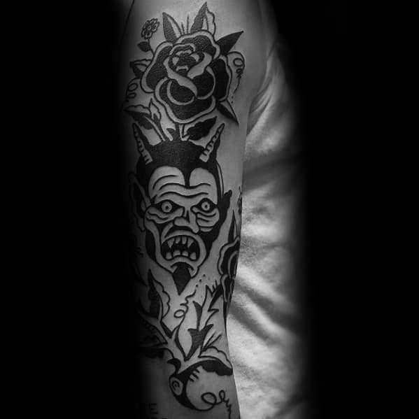 Black Ink Retro Traditional Devil Male Arm Sleeve Tattoo Ideas