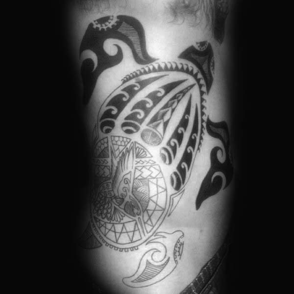 Black Ink Rib Cage Side Guys Turtle Tattoo Tribal