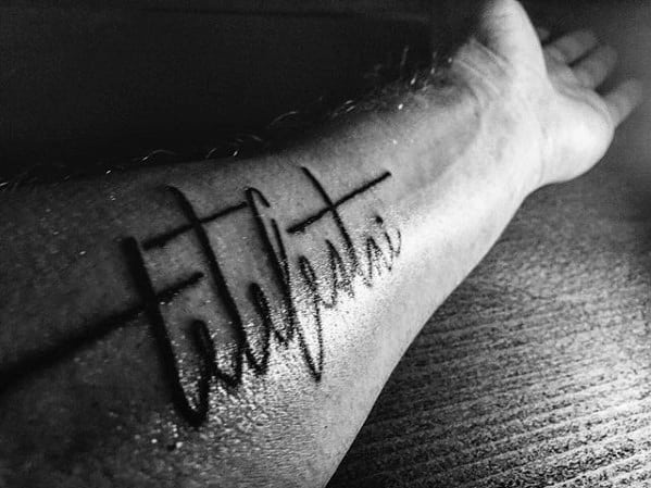 Black Ink Script Font Guys Tetelestai Cursive Tattoo Ideas