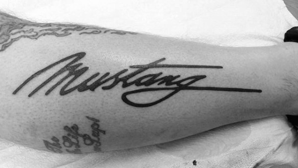 Black Ink Script Mustang Word Guys Logo Leg Tattoo Design Ideas