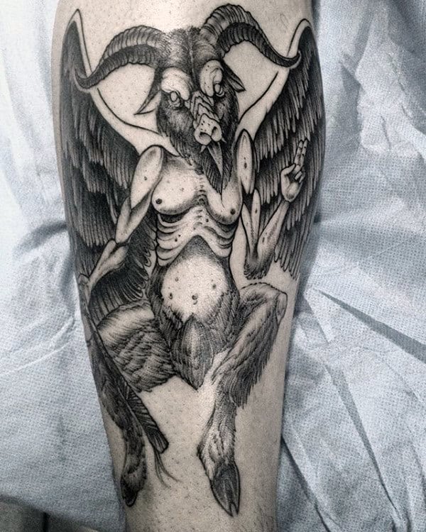 Black Ink Shaded Baphomet Male Leg Tattoos