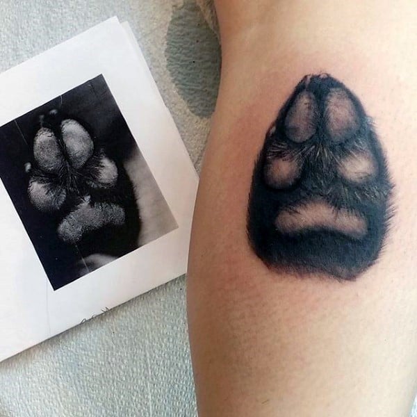 Black Ink Shaded Cool Fuzzy Dog Paw Mens Leg Calf Tattoos