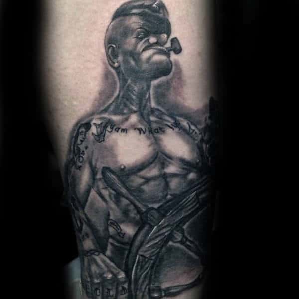 Black Ink Shaded Forearm Popeye Male Tattoo Inspiration