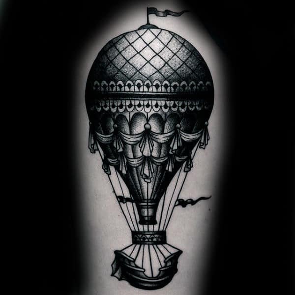 Black Ink Shaded Hot Air Balloon Male Leg Tattoos