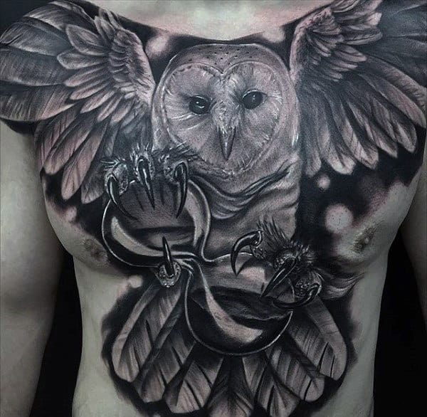 Black Ink Shaded Hourglass Owl Chest Tattoos For Guys