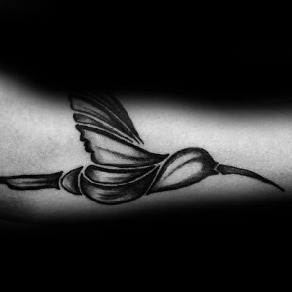 Black Ink Shaded Hummingbird Outer Forearm Tattoos For Guys