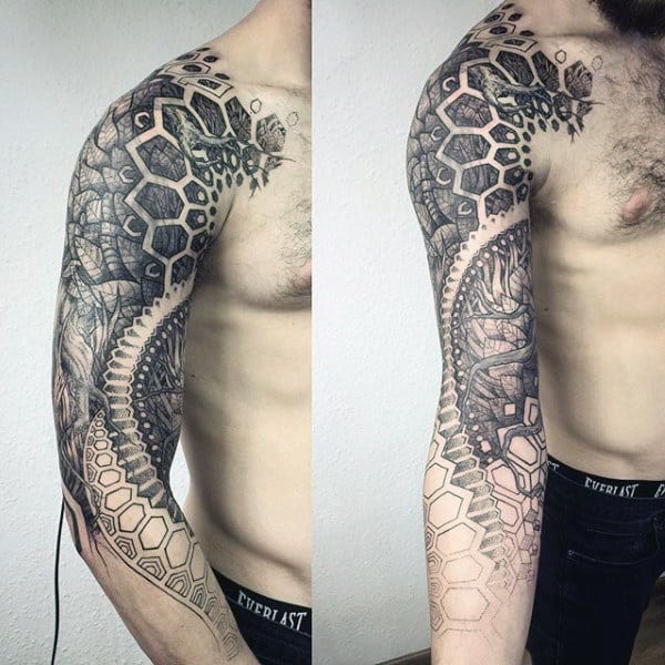 Black Ink Shaded Male Full Arm Factal Tattoo Designs