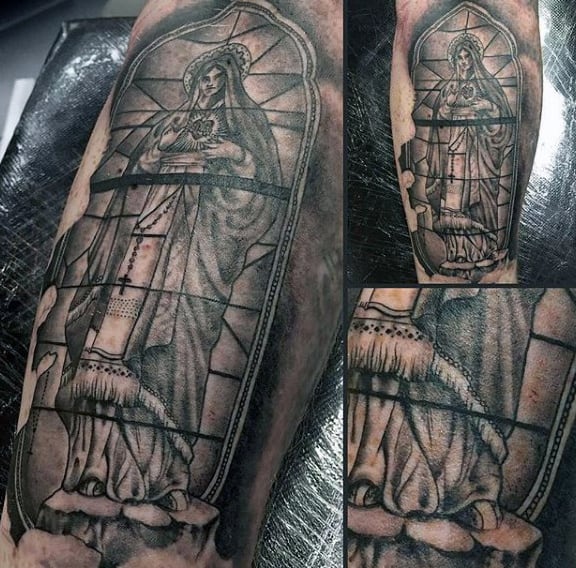 Black Ink Shaded Male Stained Glass Tattoo On Leg