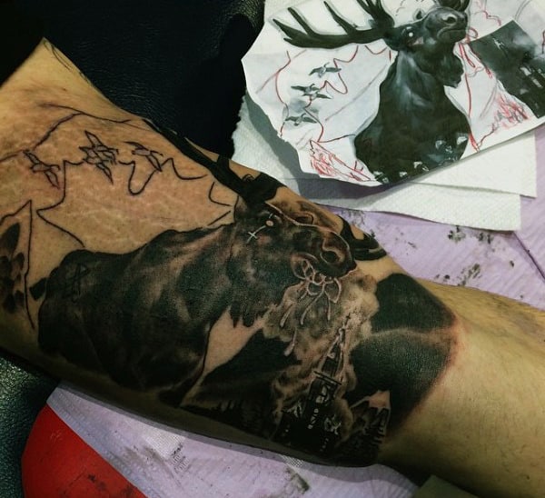 Black Ink Shaded Mens Bicep Moose Tattoos