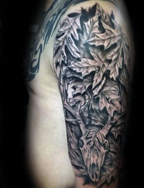 Black Ink Shaded Mens Deer Skull Camouflage Leaves Half Sleeve Tattoos