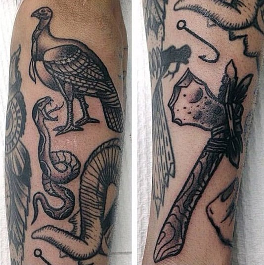 Black Ink Shaded Mens Traditional Turkey Forearm Tattoos