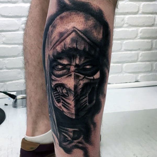 Black Ink Shaded Mortal Kombat Leg Tattoo For Guys