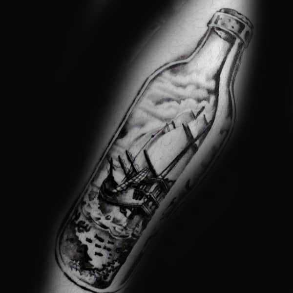 Black Ink Shaded Ship In A Bottle Tattoos On Men