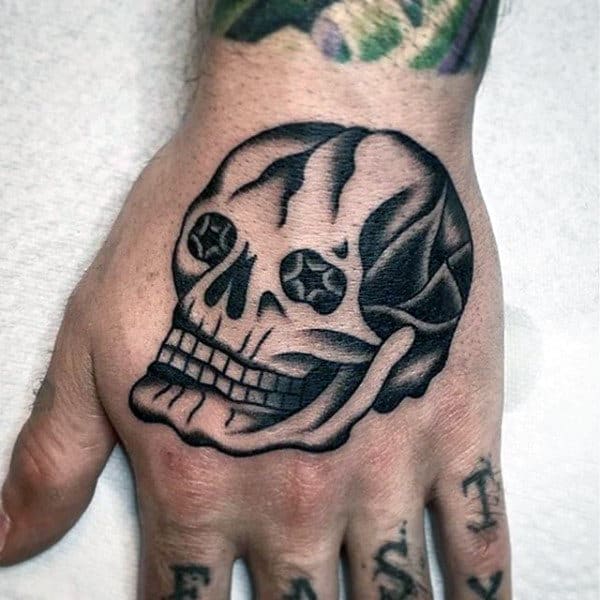 Black Ink Shaded Skull With Star Eyes Mens Traditional Hand Tatotos