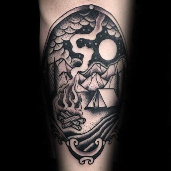 Black Ink Shaded Tradtional Forearm Guys Tent Tattoos