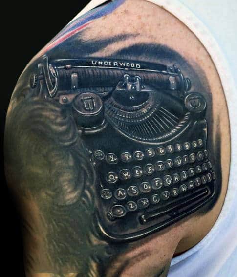 Black Ink Shaded Typewriter Shoulder Tattoo Ideas For Guys