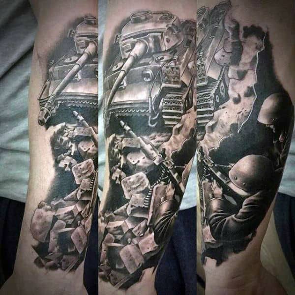 Black Ink Shading Mens Forearm Solider Army Tattoo With Tank