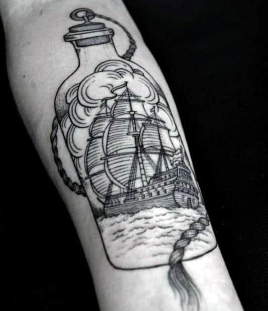 Black Ink Ship In A Bottle Inner Forearm Tattoo On Man