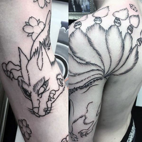 Black Ink Shoulder And Arm Male Kitsune Nine Tailed Fox Tattoos