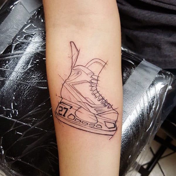 Black Ink Sketched Hockey Ice Skates Tattoo On Man