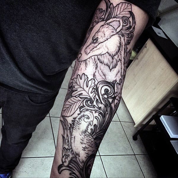 Black Ink Sleeve Guys Leaf Tattoos Designs