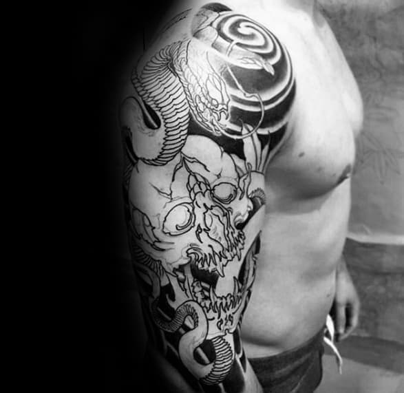 Black Ink Sleeve Skull Japanese Snake Mens Tattoo Ideas