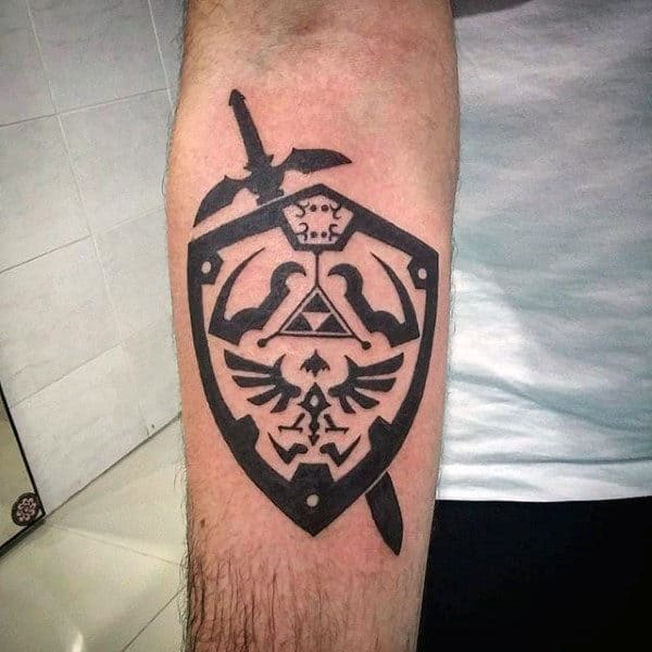 Black Ink Small Guys Zelda Triforce Shield Forearm Tattoo