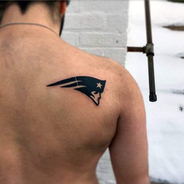 Black Ink Small New England Patriots Guys Shoulder Blade Tattoos