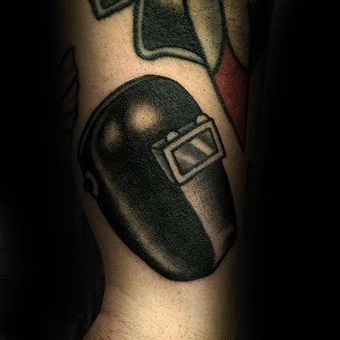 Black Ink Small Old School Guys Welding Helmet Tattoo