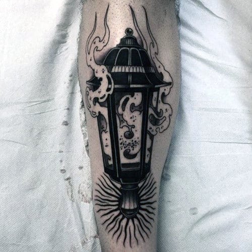 Black Ink Smoking Lantern Guys Traditional Shin Tattoos
