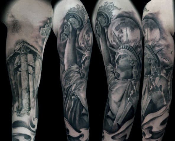 Black Ink Statue Of Liberty Tattoo Sleeve Men