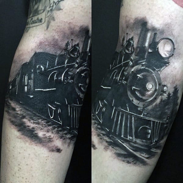 Black Ink Steaming Train Tattoo For Men