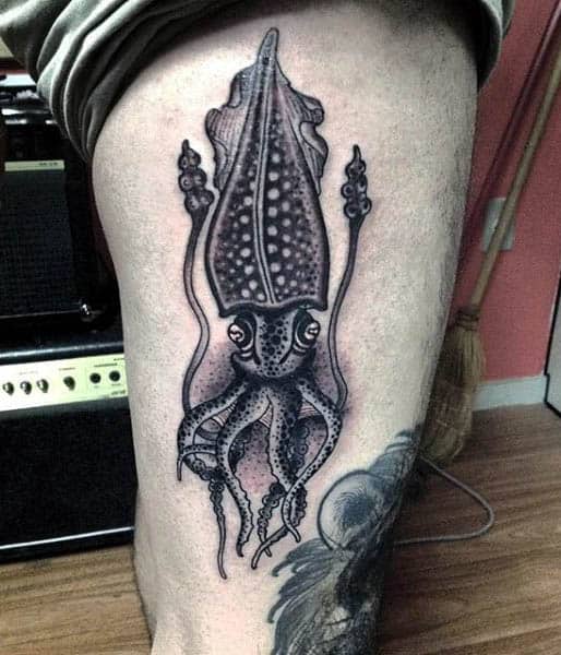 Black Ink Thigh Tattoo For Men Of Squid