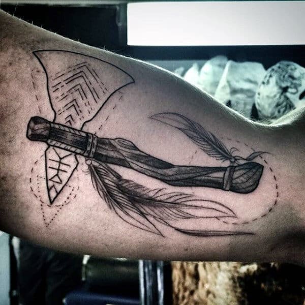 Black Ink Tomahawk Mens Bicep Tattoos
