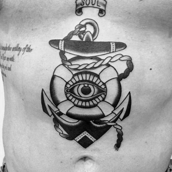 Black Ink Traditional Anchor Eye Chest Tattoo Design For Guys