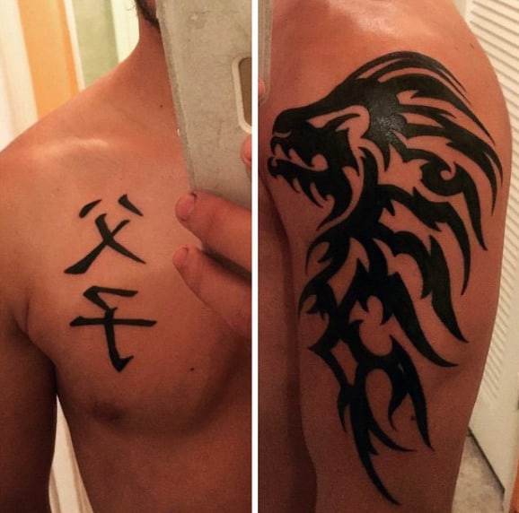 Black Ink Traditional Tribal Lion Male Upper Arm Tattoos