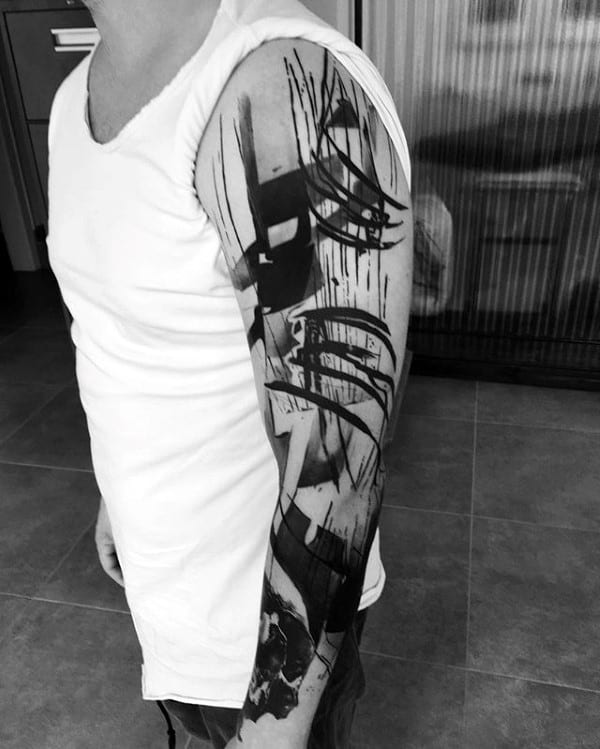 Black Ink Trash Polka Abstract Arm Tattoos For Guys