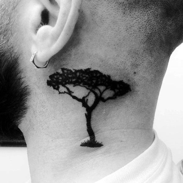 Black Ink Tree Guys Side Of Neck Small Tattoo Design Ideas