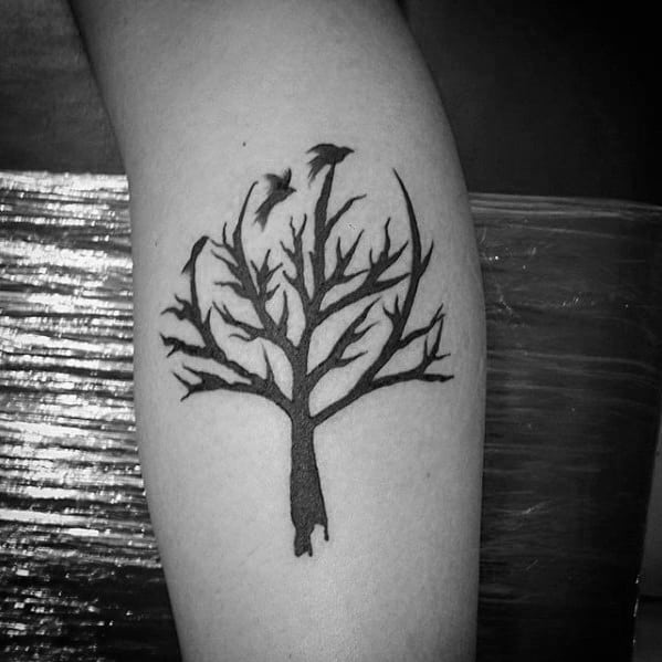 Black Ink Tree With Birds Mens Simple Leg Calf Tattoo