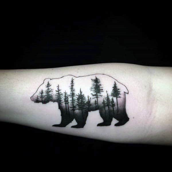 Black Ink Trees Male California Bear Forearm Tattoo