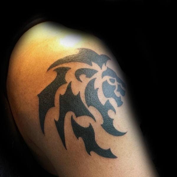 Black Ink Tribal Lion Upper Male Arm Tattoos