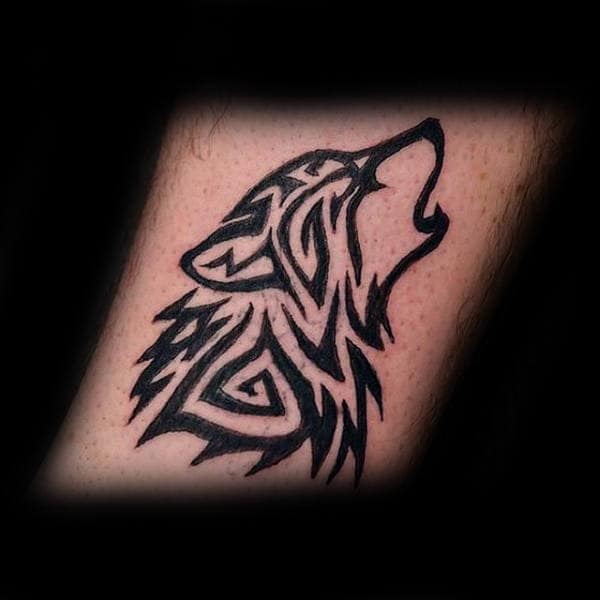 Black Ink Tribal Wolf Male Tattoo Inspiration