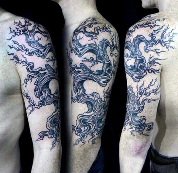 Black Ink Upper Arm Bonsai Tree Male Tattoo Ideas