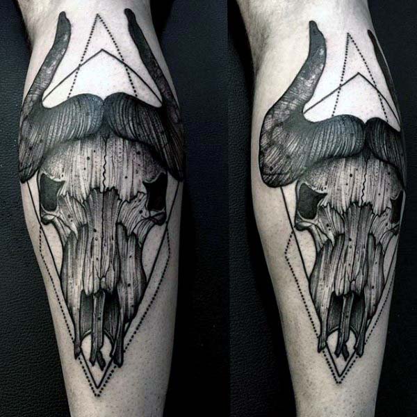 Black Ink Vintage Bull Skull Male Leg Calf Tattoos