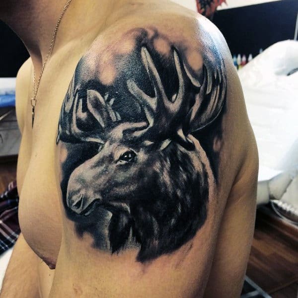 Black Ink Watercolor Antler Upper Arm Guys Tattoos
